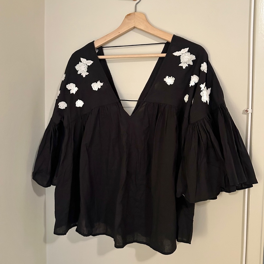 Maeve for Anthropologie baby doll shirt with sequin embroidery